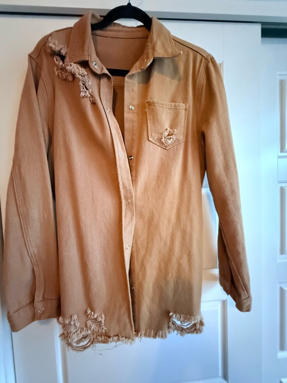 Distressed Tan Jean Jacket - Casual Women's Shacket